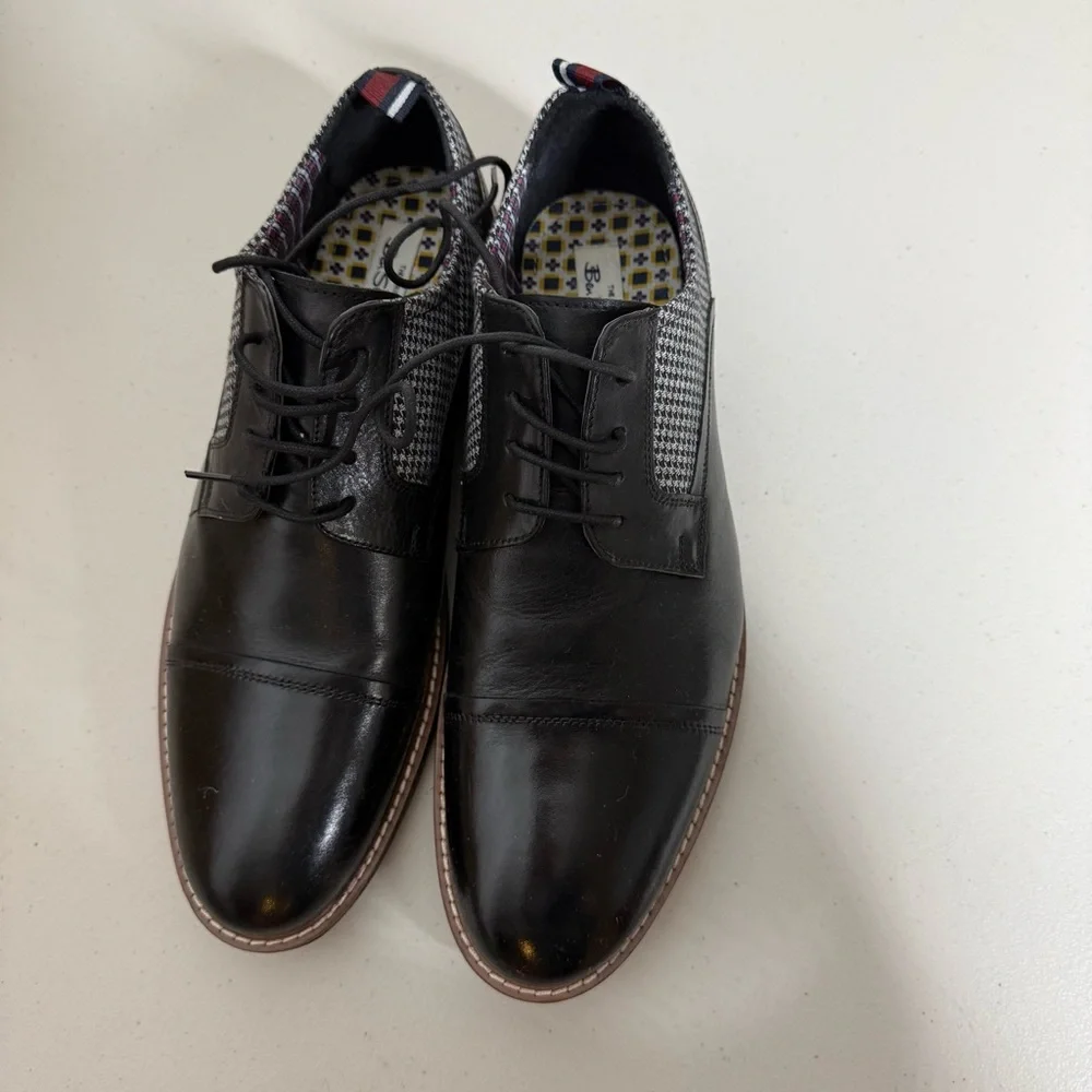 Ben Sherman Mens Black Leather Houndstooth Cap Toe Oxford Dress Shoes‎ 10.5
